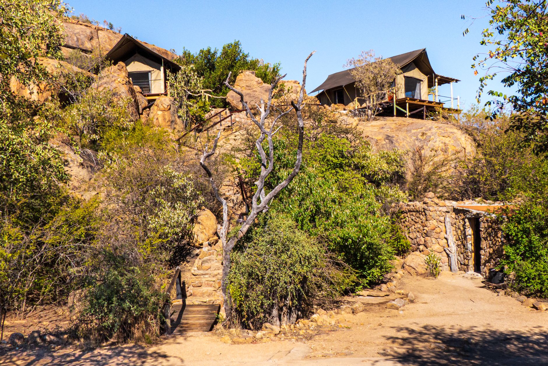 Exclusive luxury safari glamping tent in Serengeti during golden hour sunset