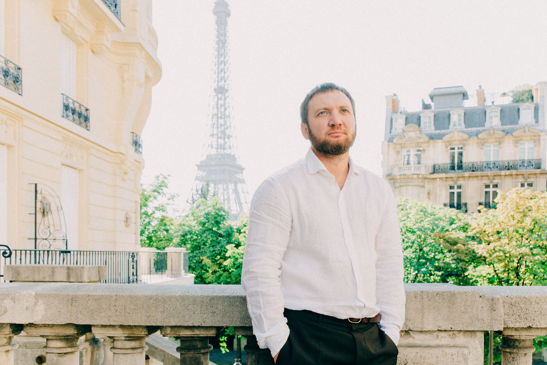 View of Eiffel Tower in Paris from private luxury balcony terrace